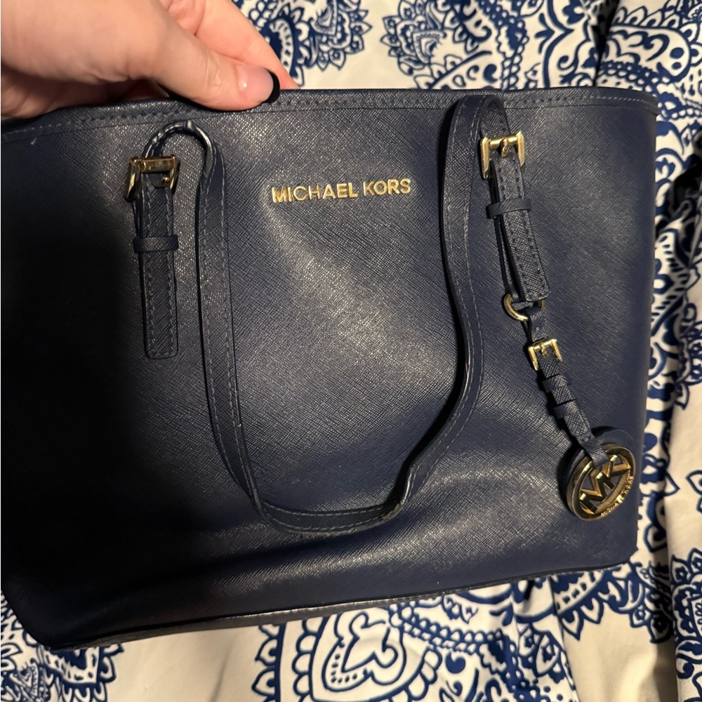 Michael Kors Navy Saffiano Tote with Gold Hardware